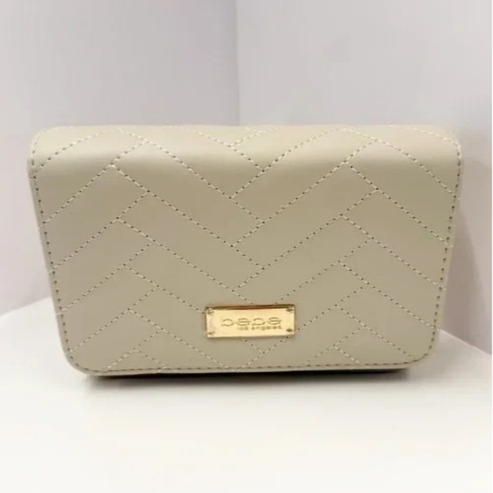 BEBE Sophia Crossbody Quilted Bag Purse Sand Beige Gold Chain NWT MSRP $69